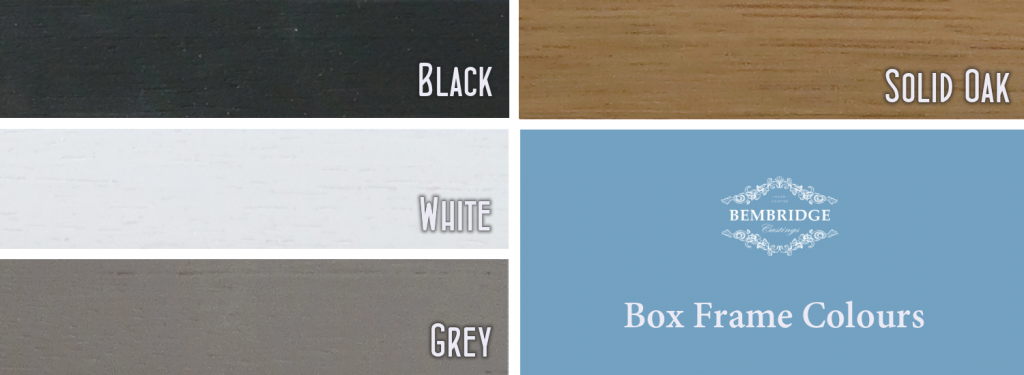 box frames in black, white, grey and solid oak